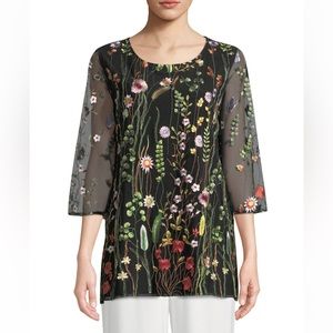 Caroline Rose Garden Walk Embroidered Tunic Sheer 3/4 Sleeves Floral Black Multi